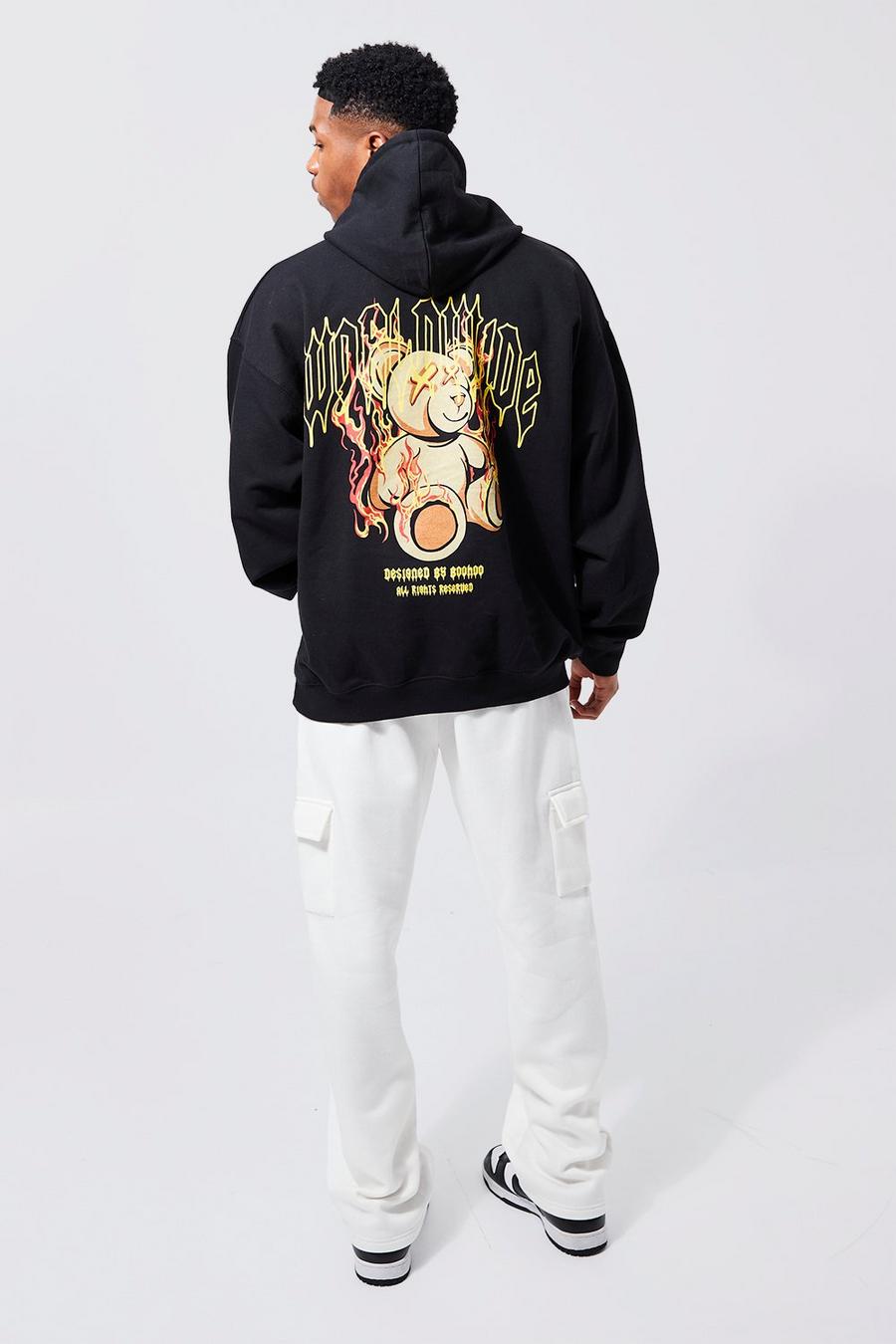 Black Oversized Flame Teddy Graphic Hoodie image number 1