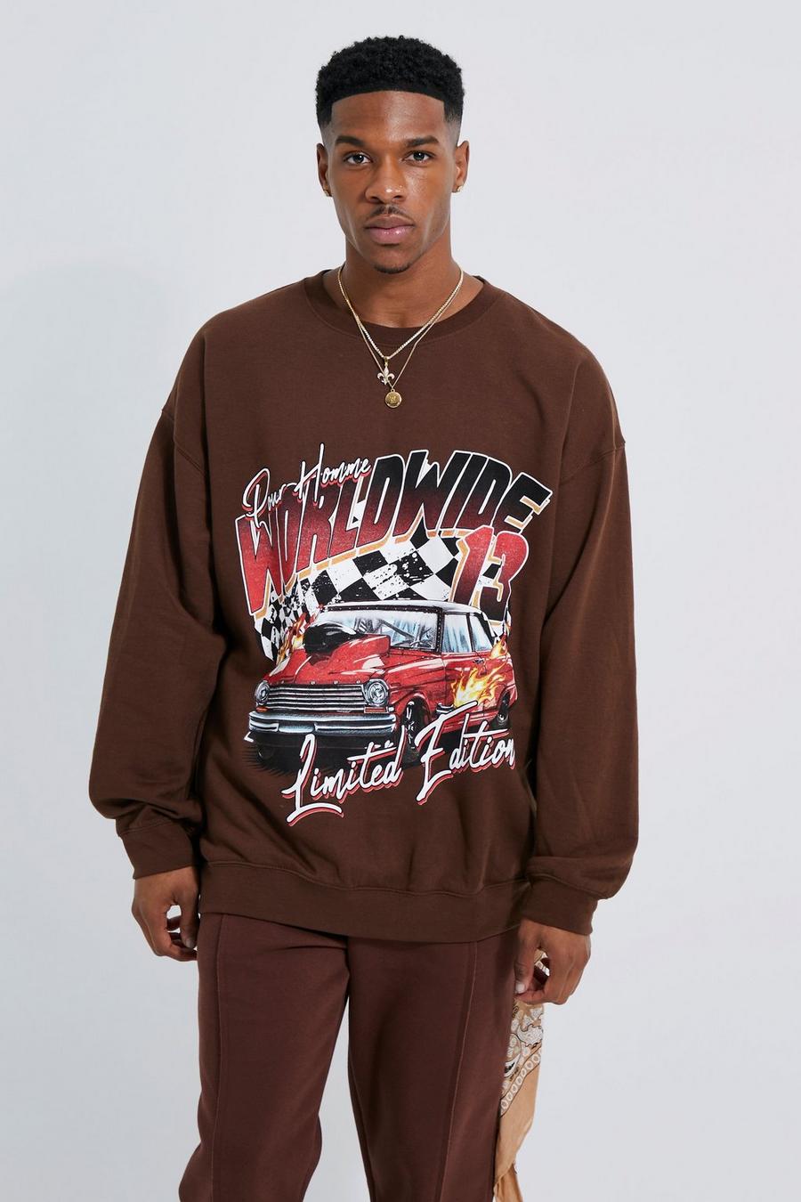 Chocolate Oversized Worldwide Car Graphic Sweatshirt image number 1