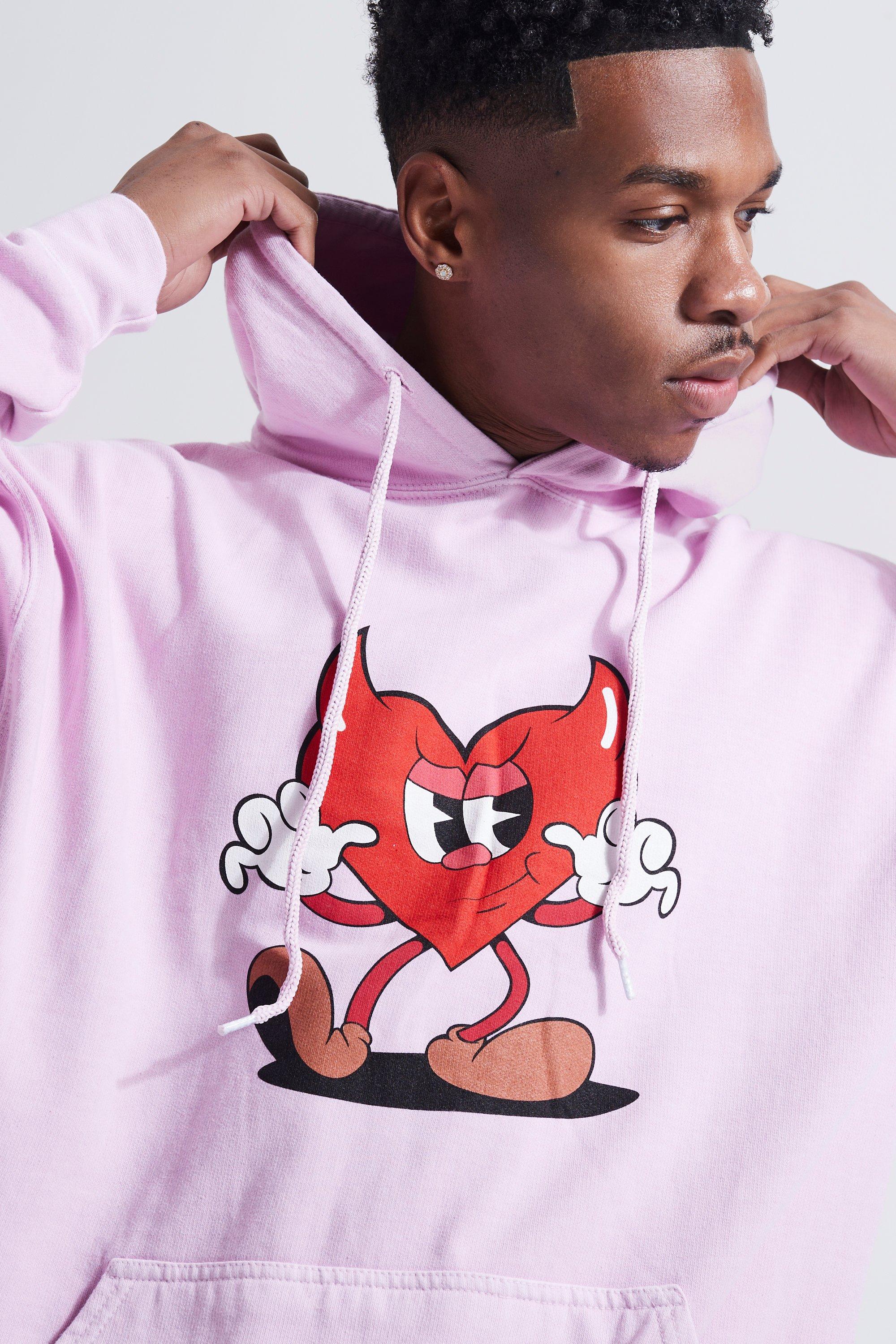 Oversized Overdye Devil Heart Print Hoodie boohoo IL