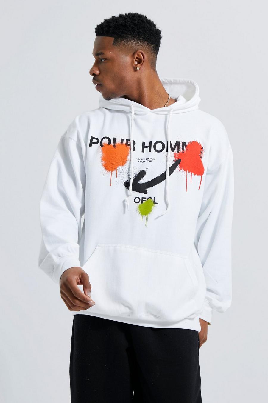 White Oversized Pour Homme Graffiti Print Hoodie image number 1