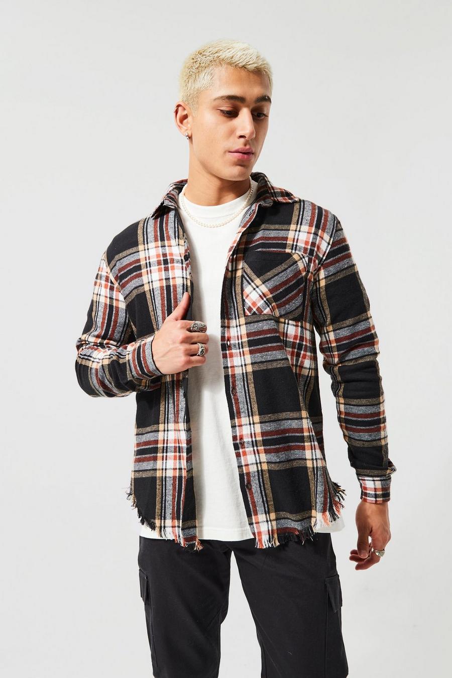 Black Long Sleeve Check Shirt With Distressed Hem image number 1