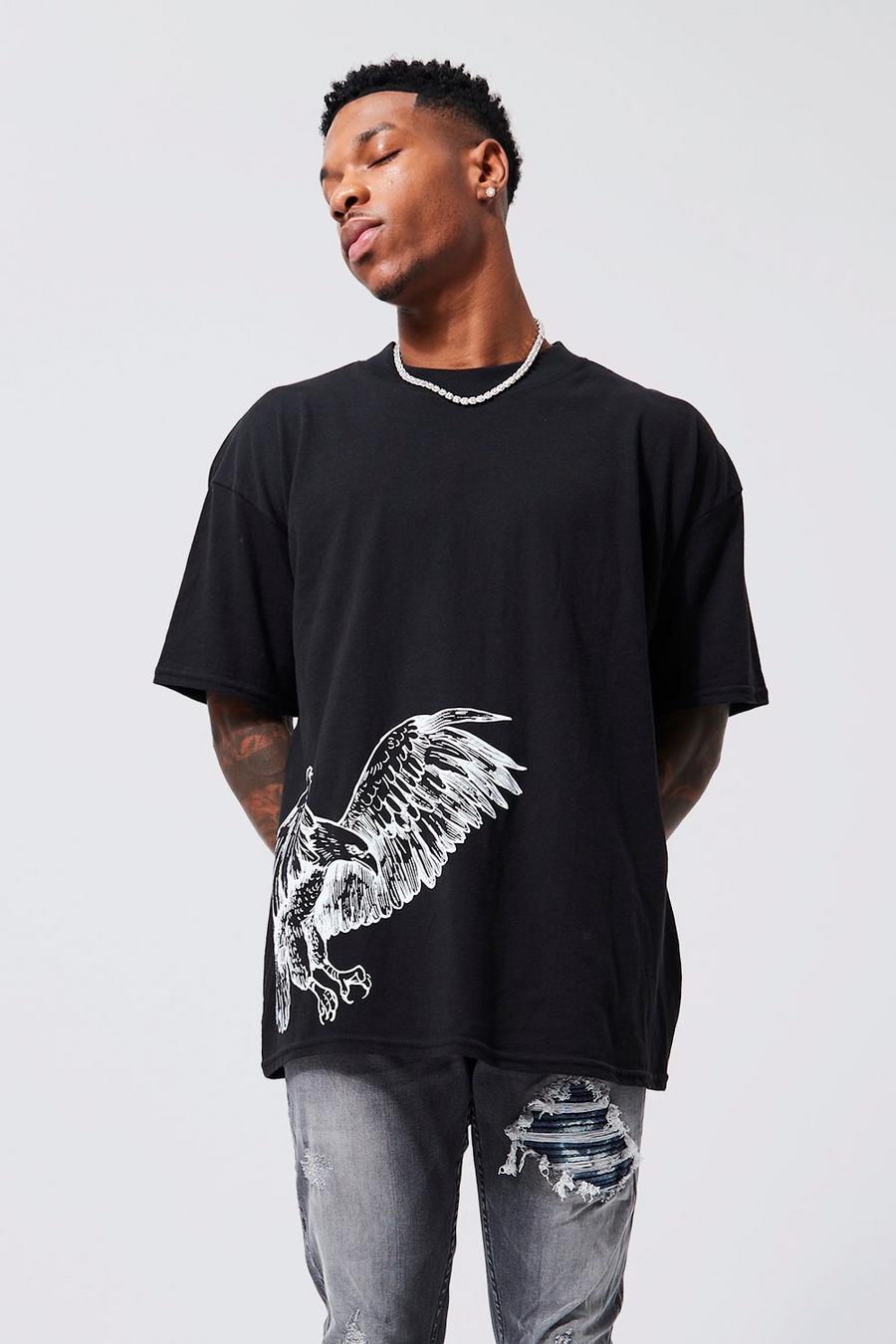 Black Oversized Line Drawn Bird Print T-shirt