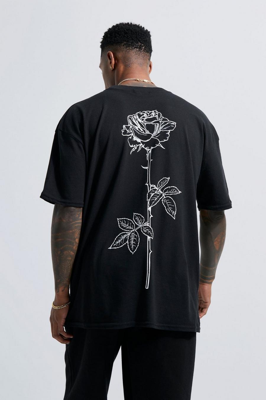 Black schwarz Line Drawn Rose Stem Print T-shirt