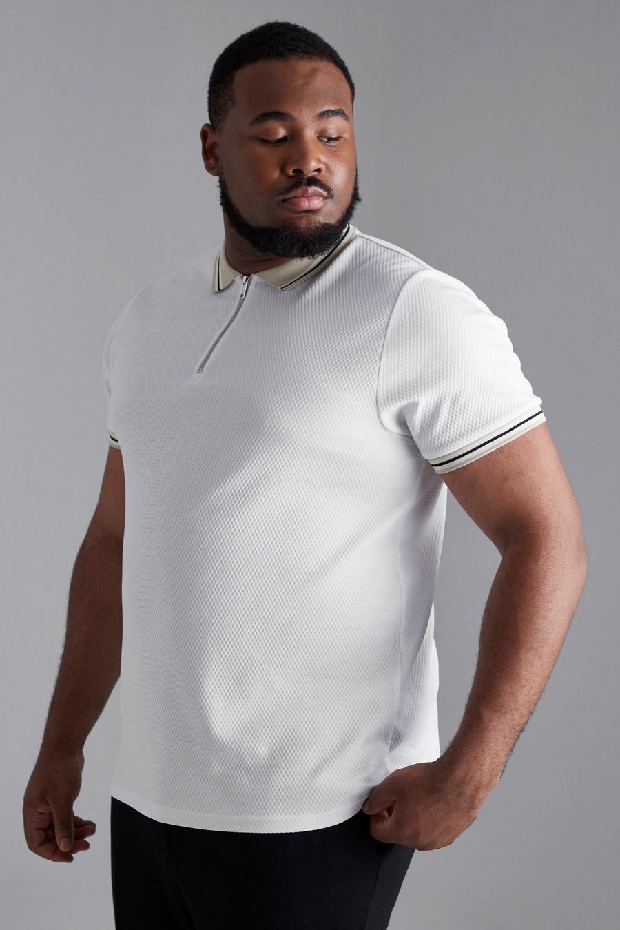 White Plus Slim Textured Contrast Collar Polo image number 1