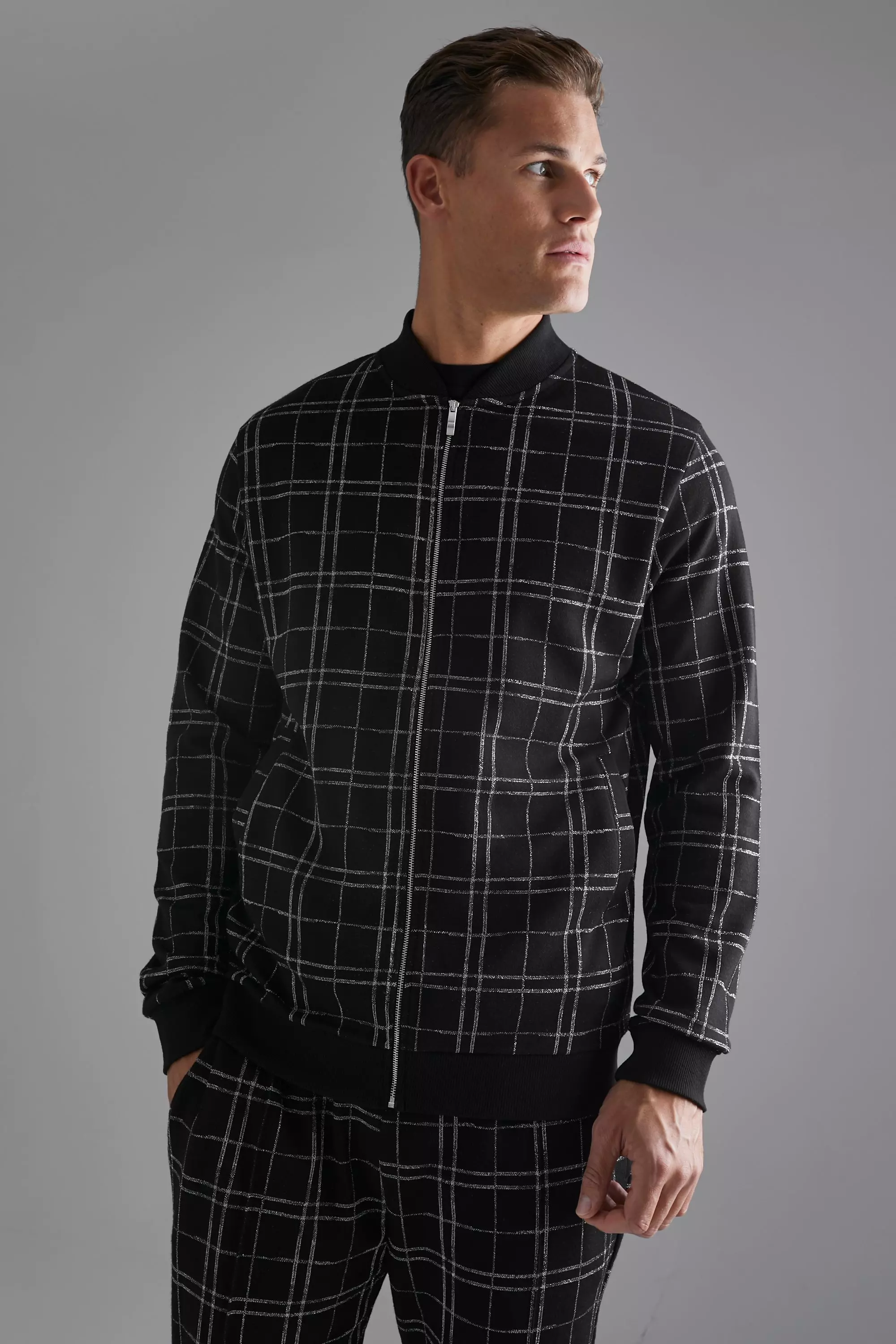Black Tall Smart Check Bomber Jacket alternative image