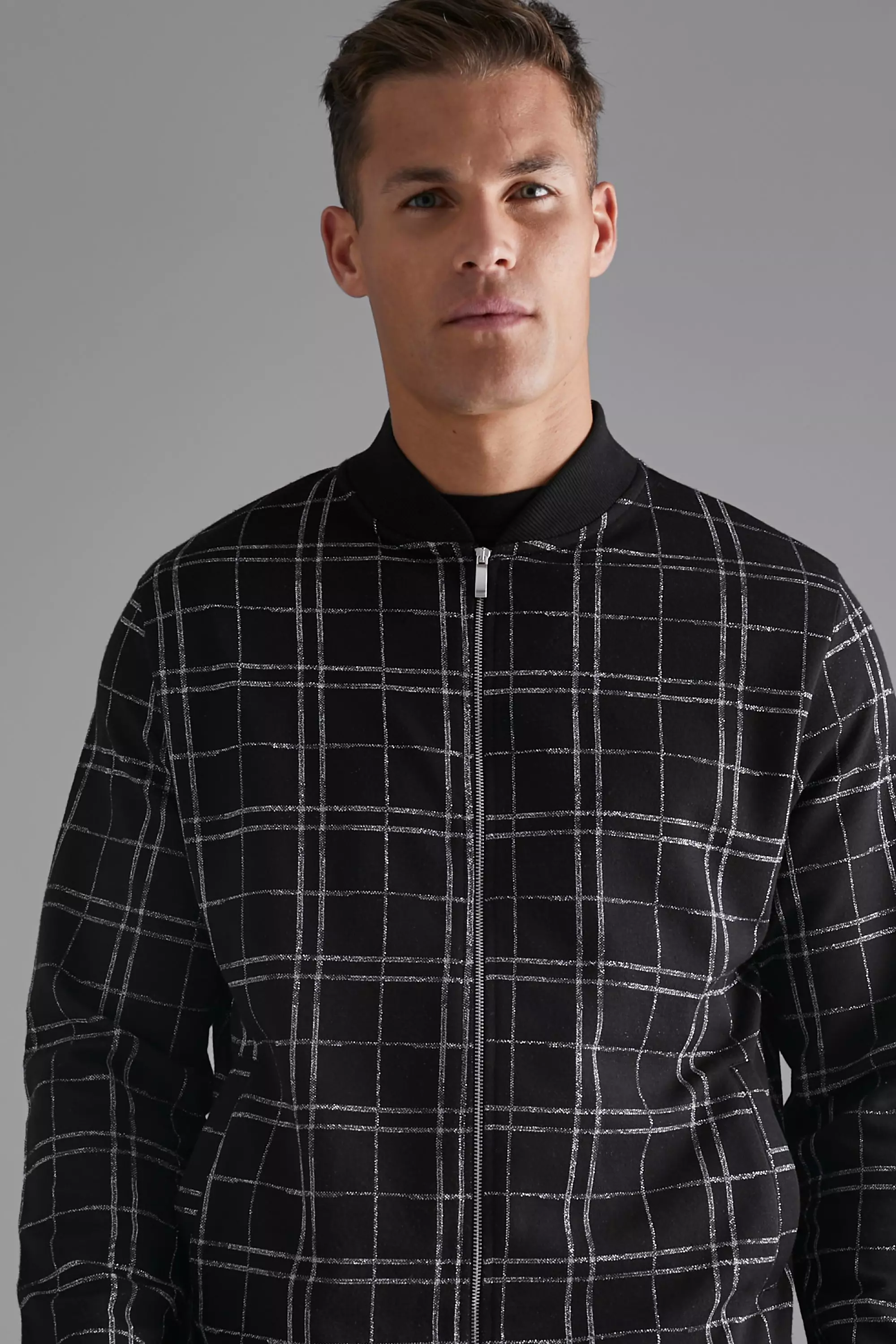 Black Tall Smart Check Bomber Jacket alternative image