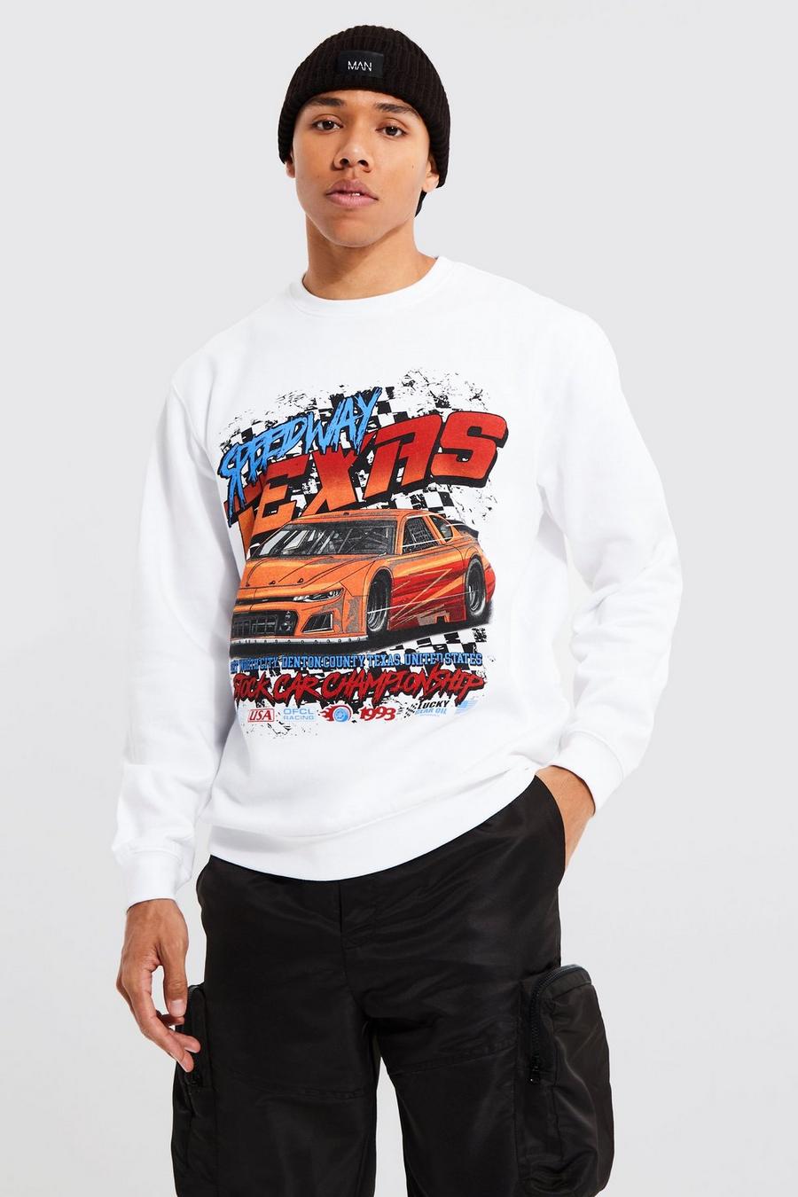 White Tall Moto Car Graphic Sweatshirt image number 1