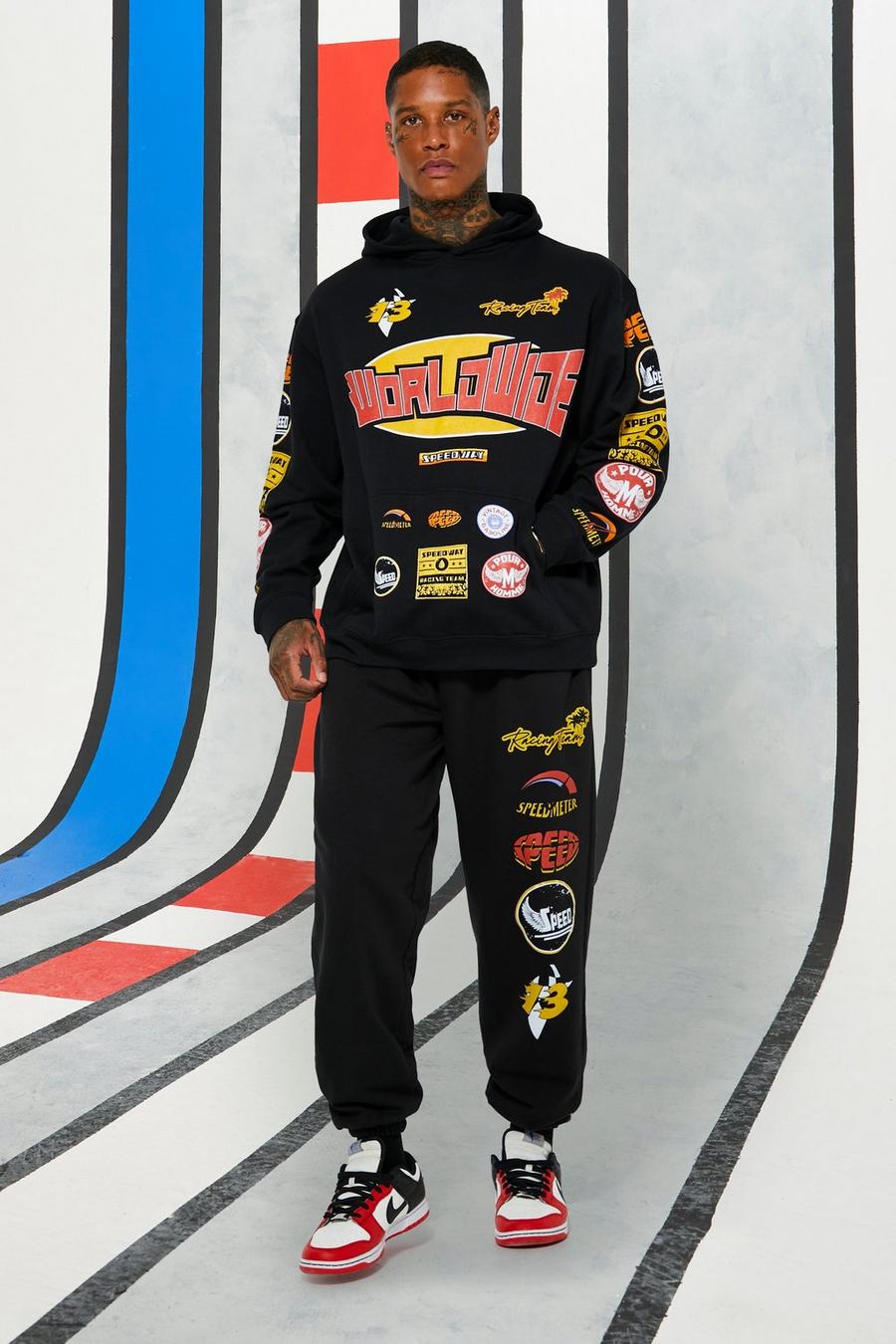 Oversize Trainingsanzug mit Moto-Print und Kapuze, Black image number 1