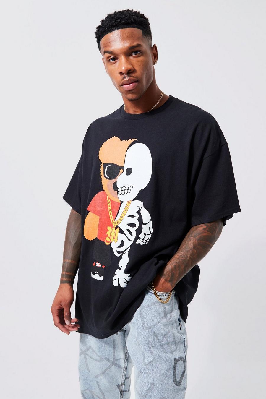 T-shirt oversize à imprimé ourson squelette, Black image number 1