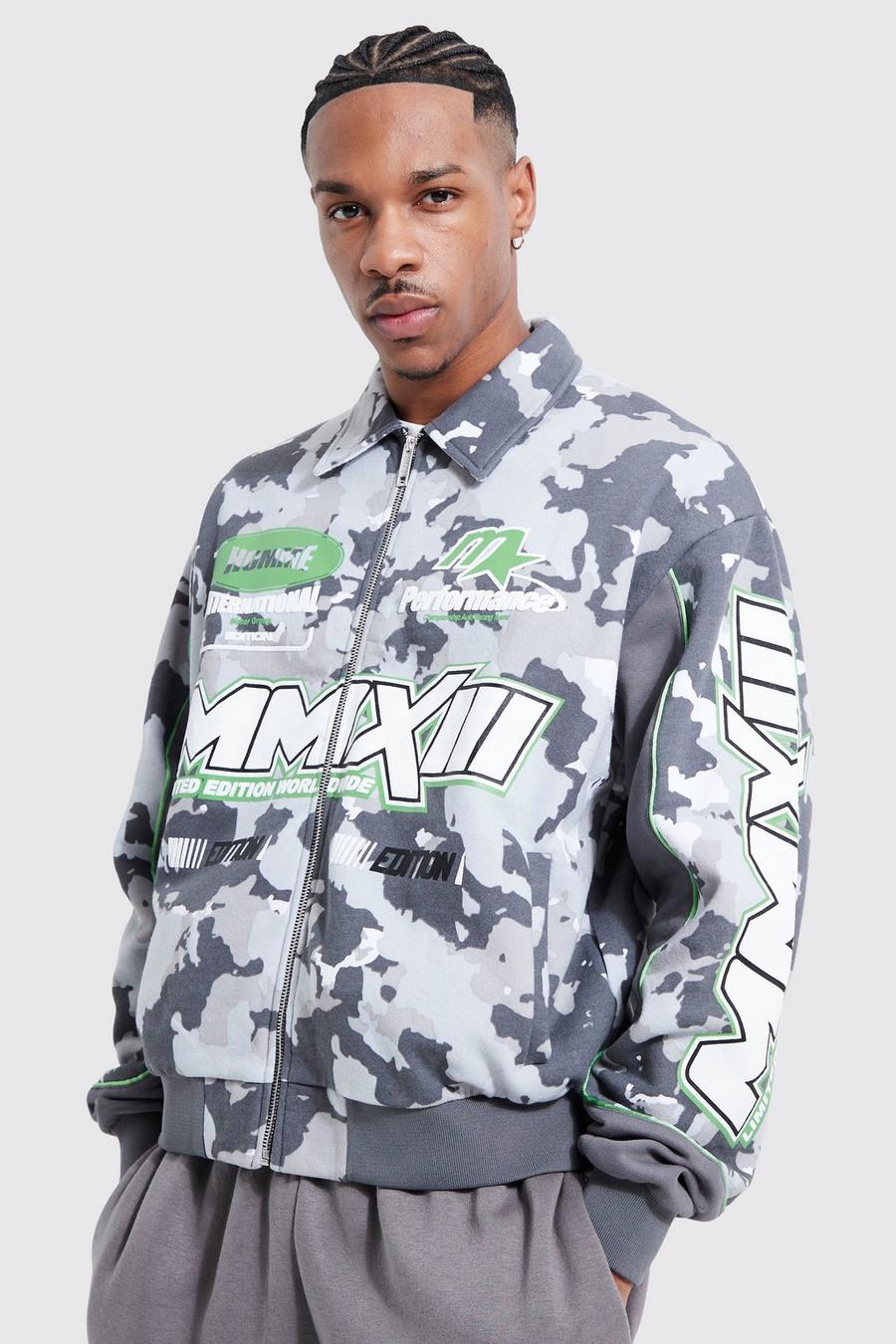 Charcoal Oversized Boxy Camo Moto Funnel Jersey Bomber image number 1