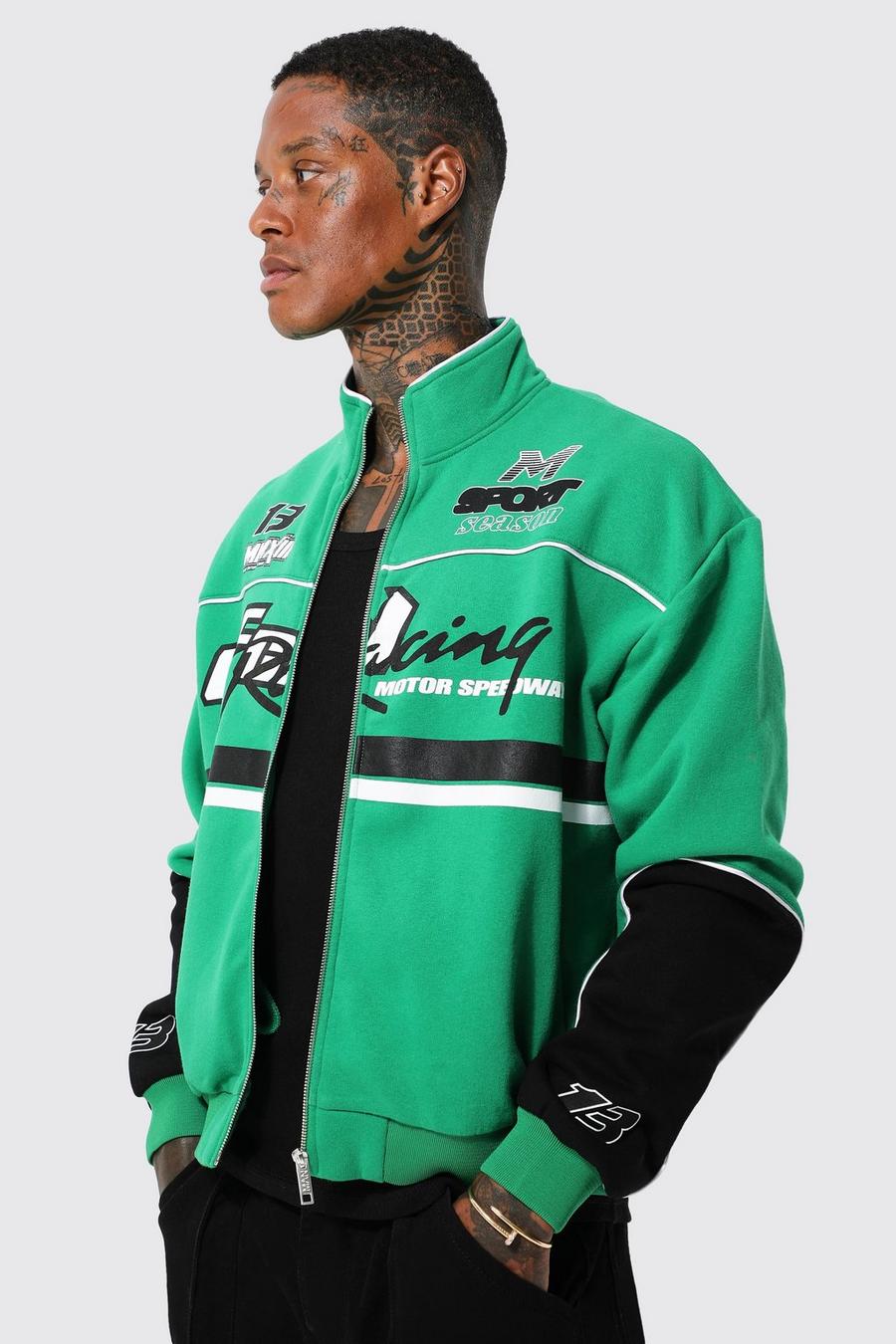 Giacca Bomber da moto squadrata in jersey con collo a imbuto, Green image number 1