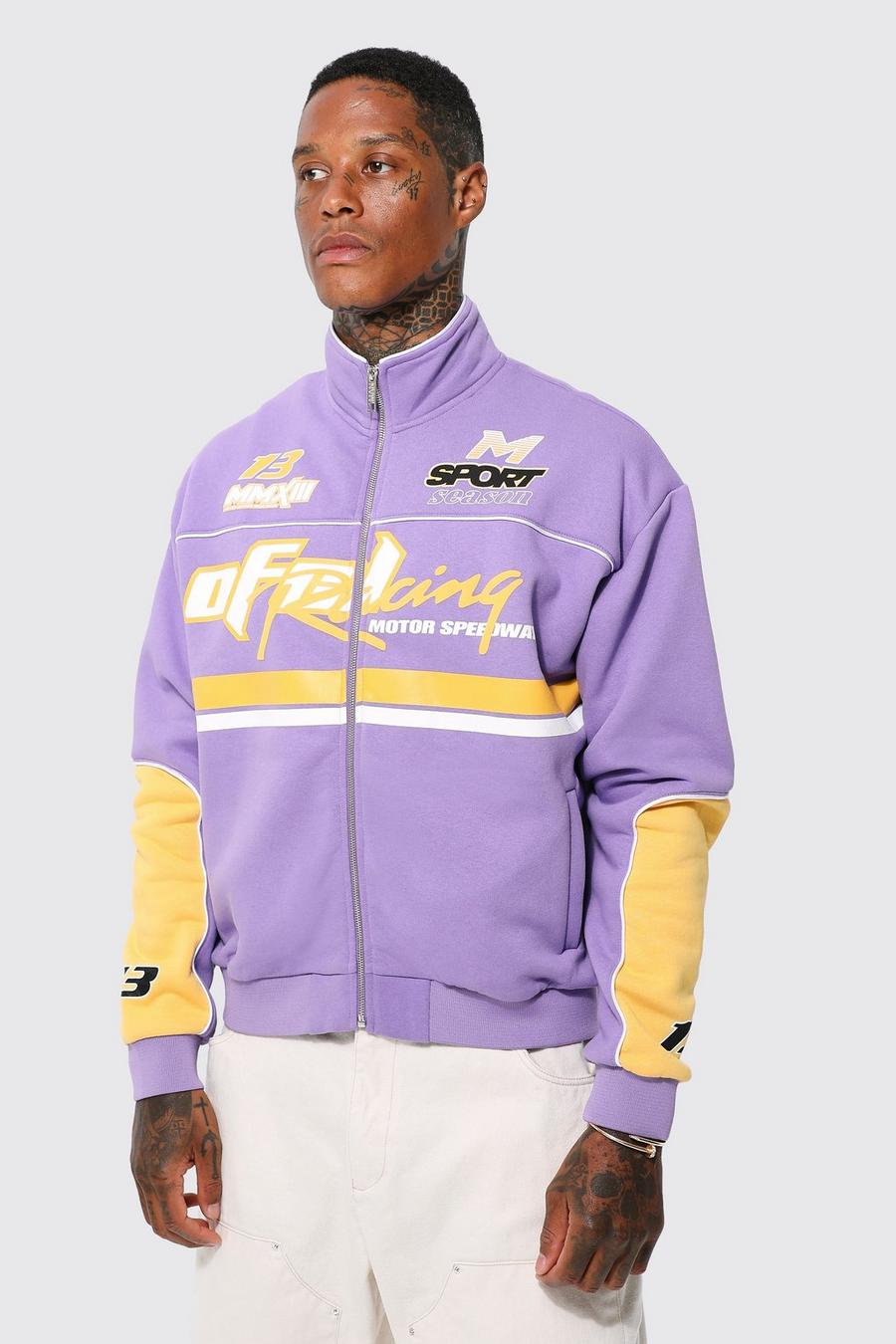 Giacca Bomber da moto squadrata in jersey con collo a imbuto, Purple image number 1