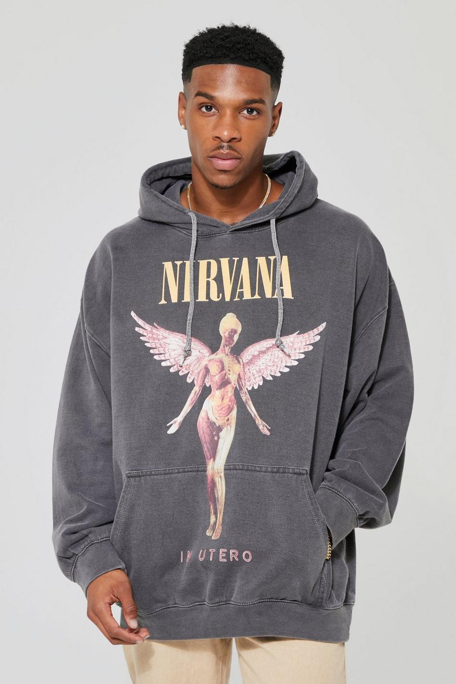 Sudadera oversize con capucha y estampado de Nirvana sobreteñido, Charcoal image number 1