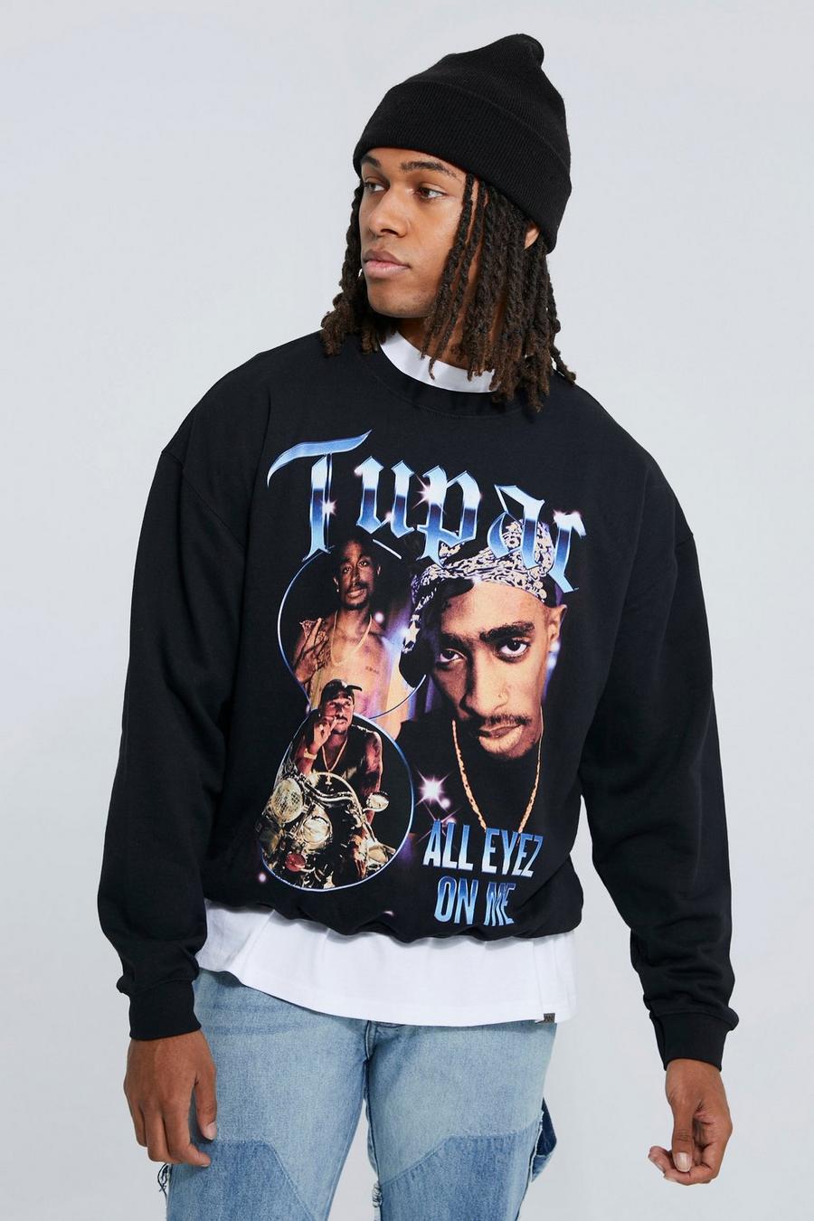 Oversize Sweatshirt mit lizenziertem Vintage Tupac Print, Black noir