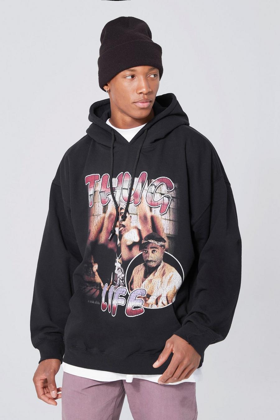 Sudadera oversize con capucha y estampado vintage de Tupac, Black nero
