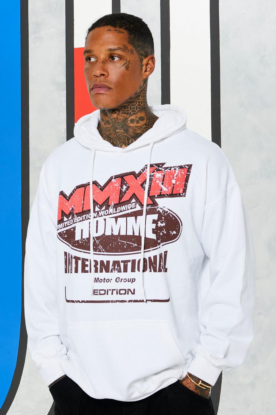 White Oversized Moto Graphic Hoodie image number 1