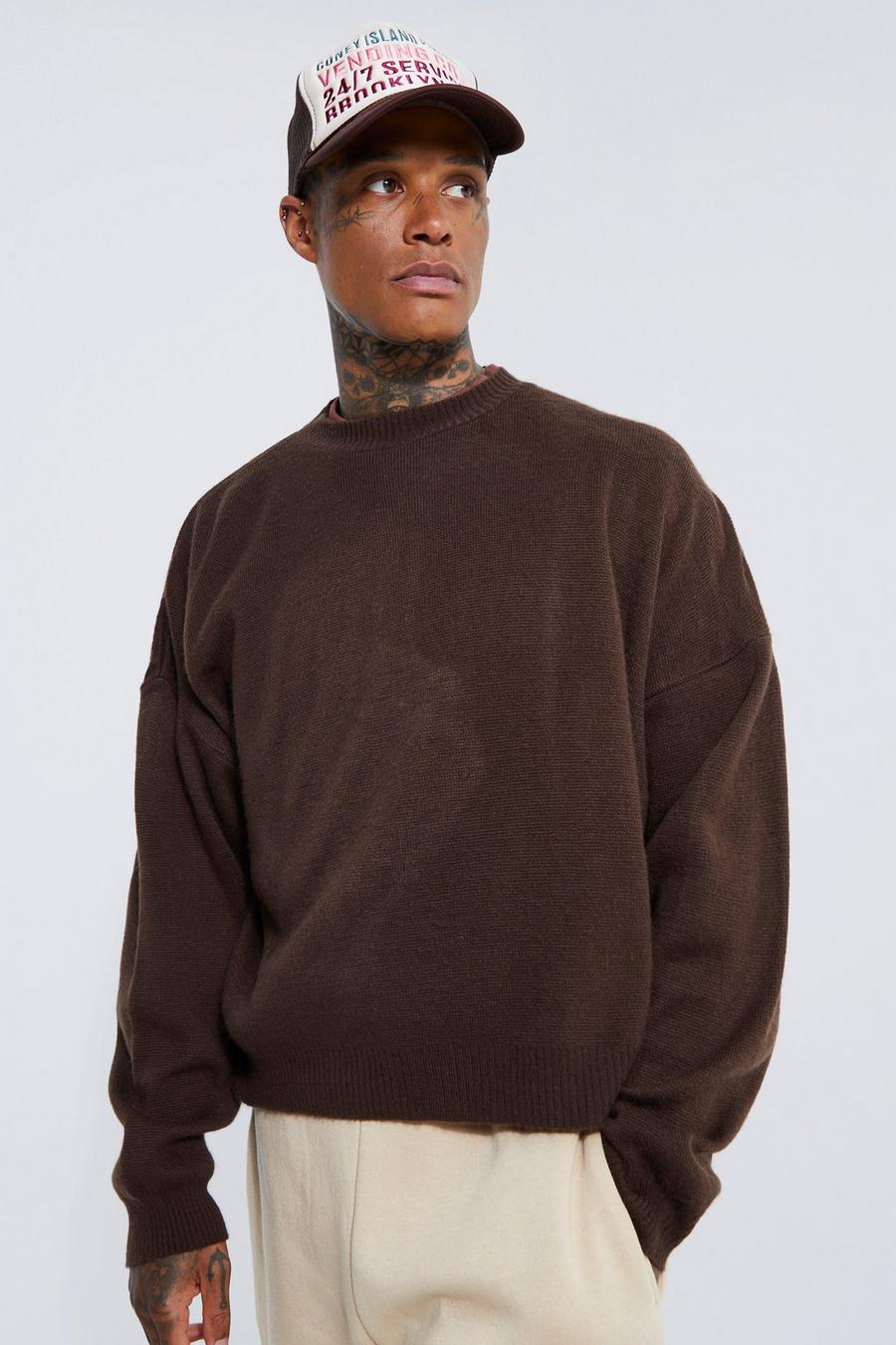 Chocolate marrone Brushed Drop Shoulder Boxy Knitted Jumper image number 1