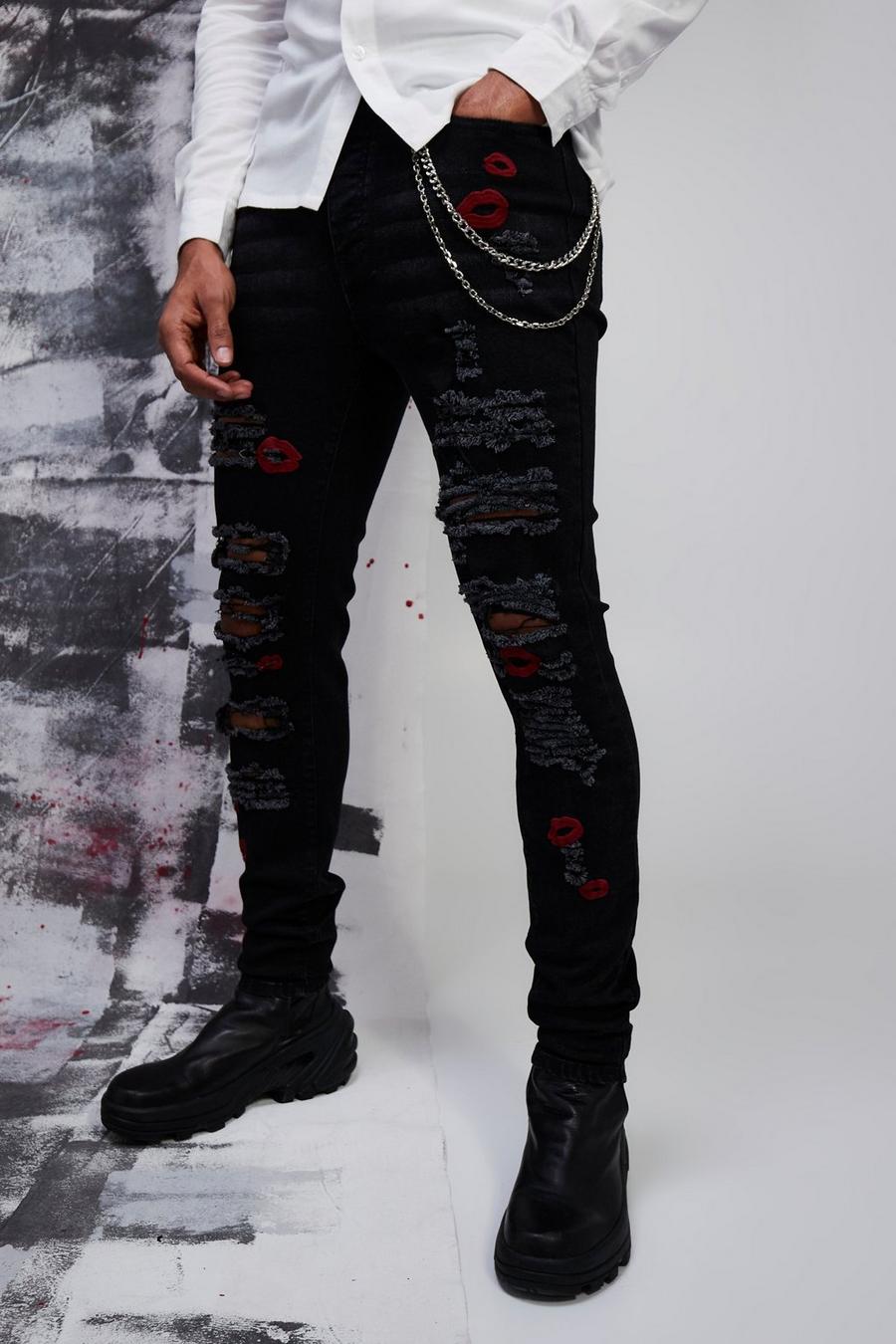 Washed black Skinny Stretch Rip & Repair Jeans With Lips image number 1