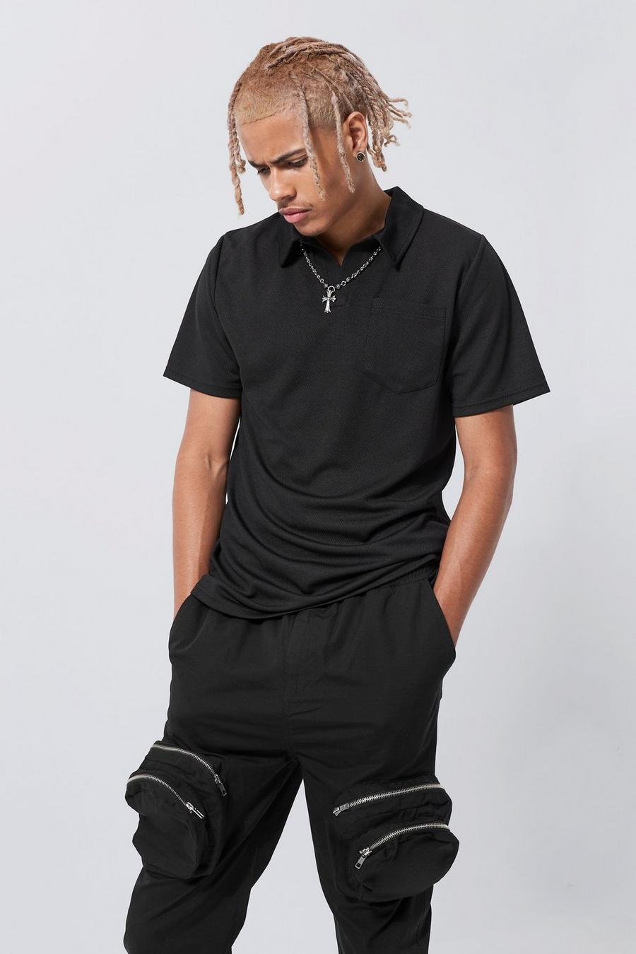 Tall Slim-Fit Mesh-Poloshirt, Black noir image number 1