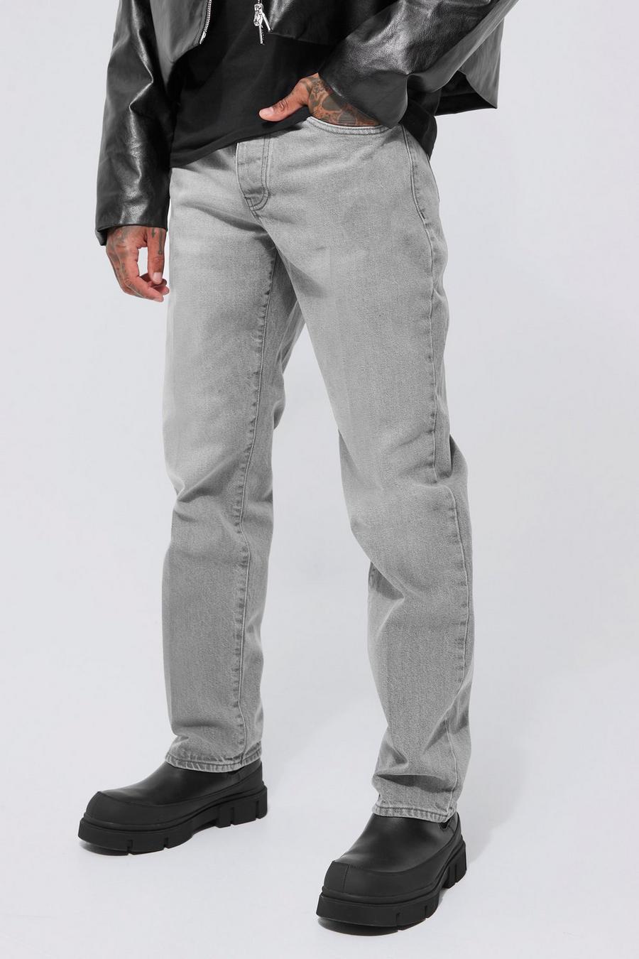 Jeans rilassati in denim rigido con pinces frontali, Mid grey image number 1