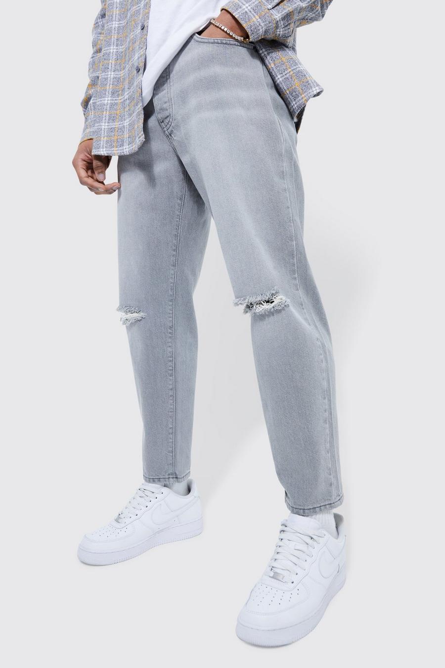 Mid grey Tapered Relaxed Jeans With Knee Rips image number 1