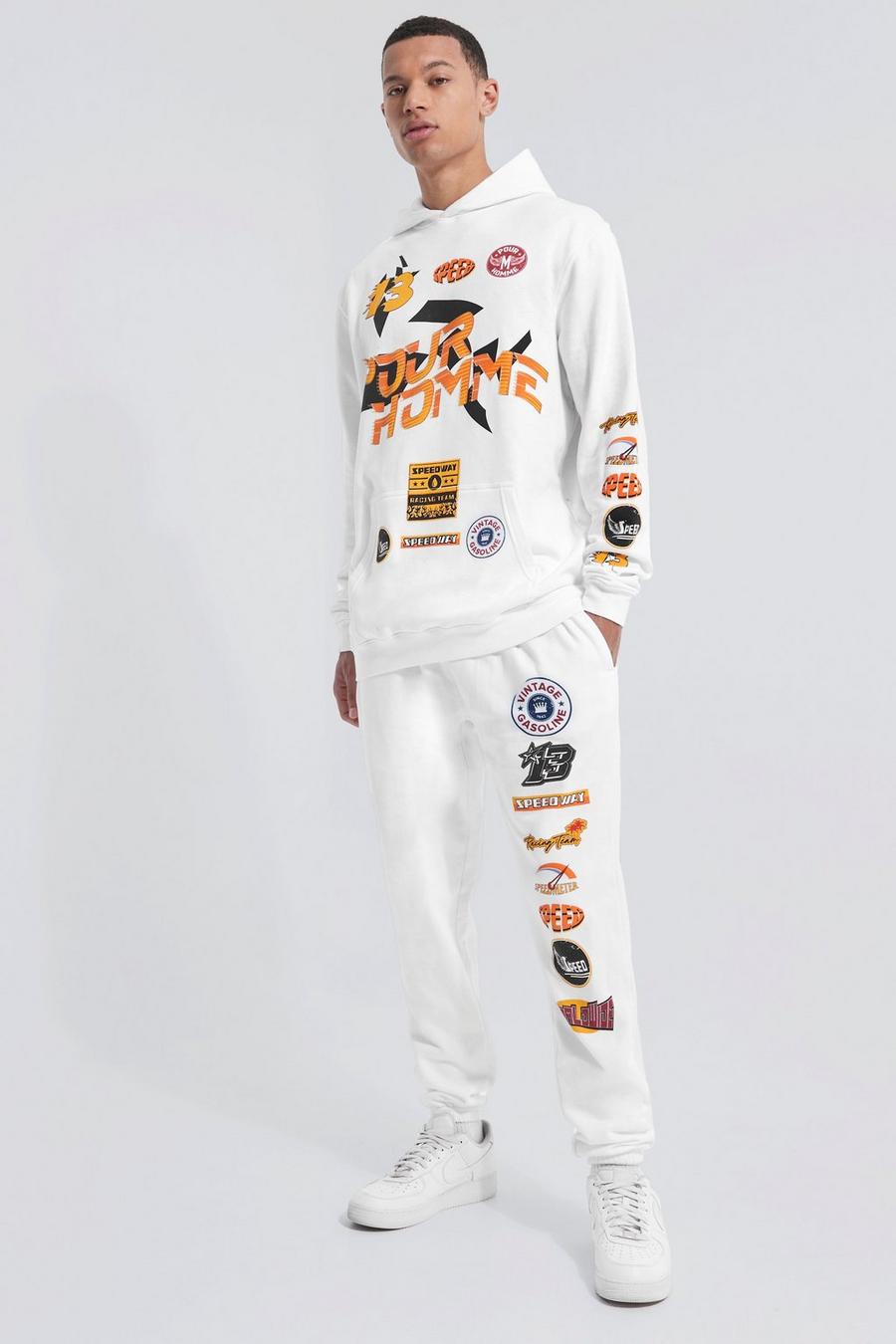 Tall Trainingsanzug mit Moto Print und Kapuze, White image number 1