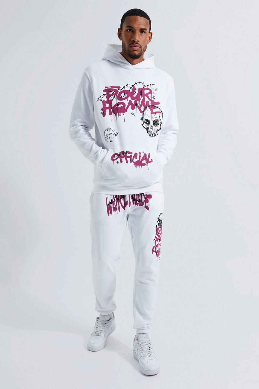 Tall Trainingsanzug mit Pour Homme Graffiti-Print und Kapuze, White image number 1