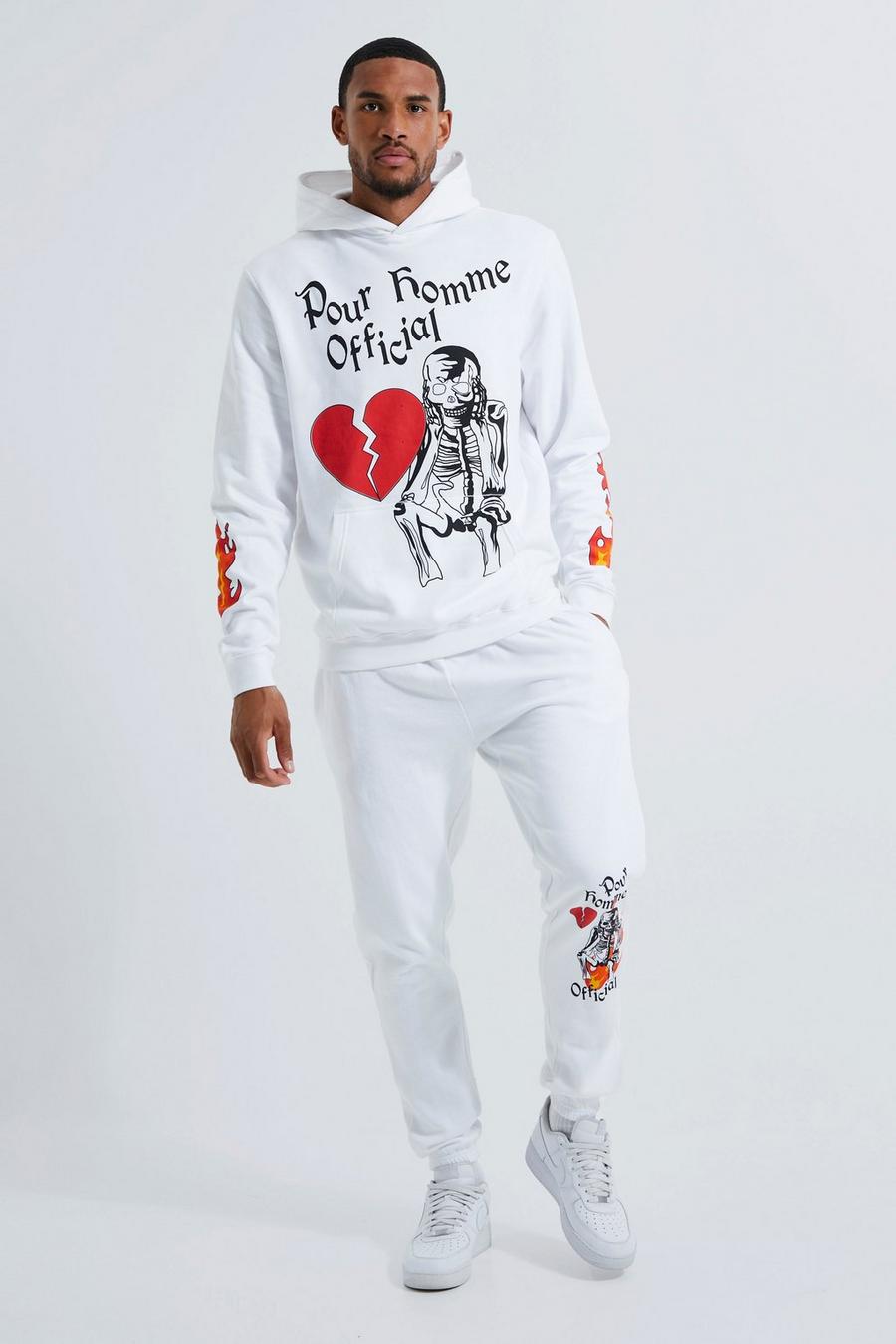 White Tall Flame Skeleton Graphic Hooded Tracksuit