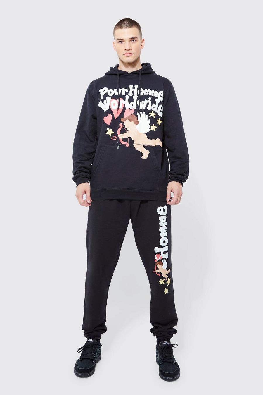Black Tall Pour Homme Cupid Graphic Hooded Tracksuit