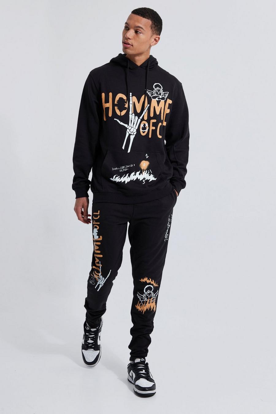 Black Tall Graffiti Doodle Graphic Hooded Tracksuit