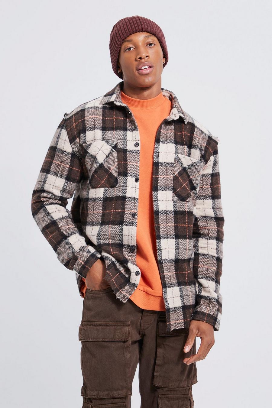 Chocolate brown Check Overshirt With Distressing image number 1