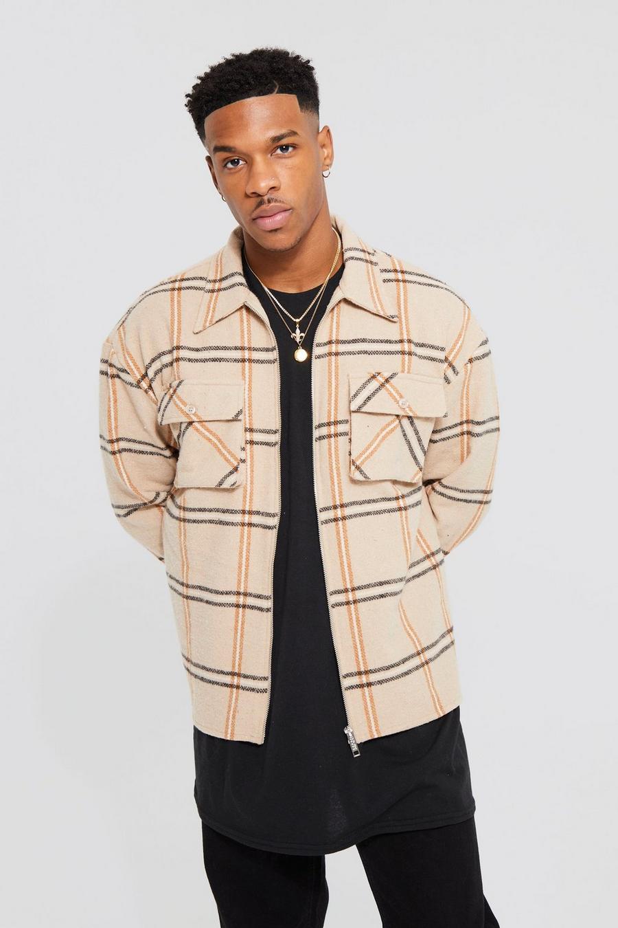 Light beige Boxy Check Zip Overshirt With Utility Pockets