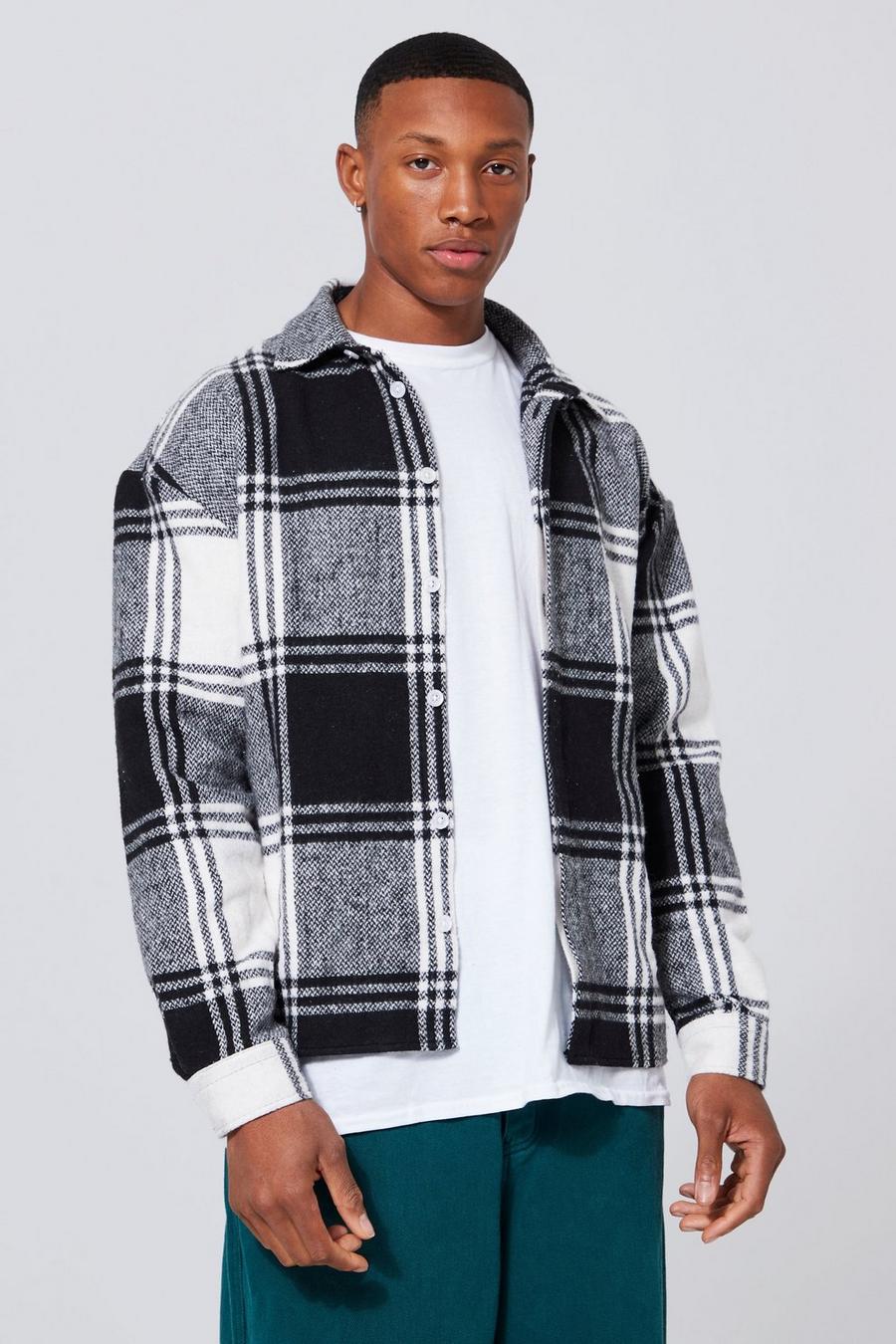 Black Boxy Check Overshirt With Concealed Placket image number 1