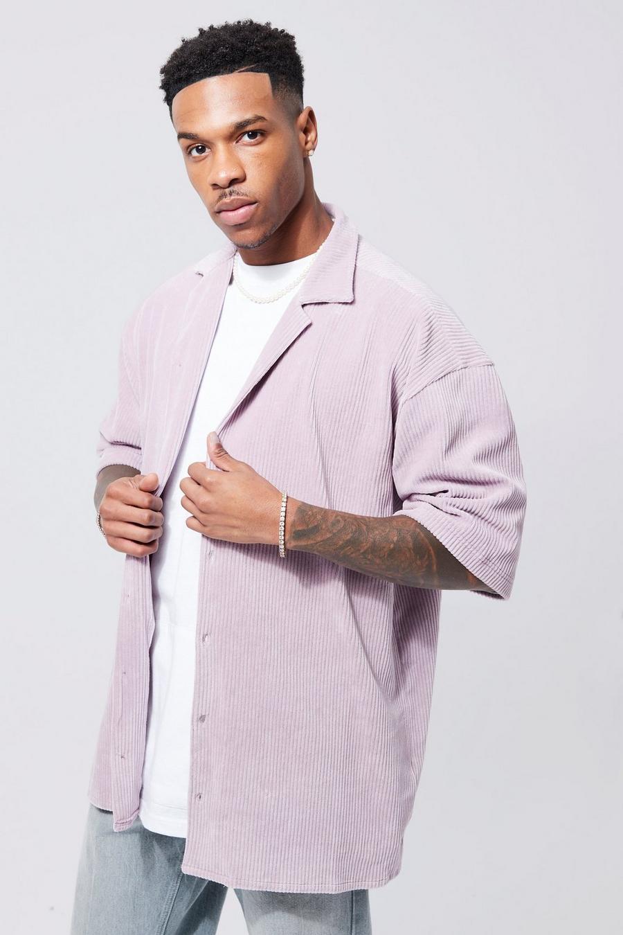 Camicia squadrata oversize in velours a coste, Lilac grey image number 1