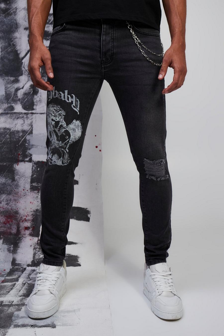 Dark grey Stretch Skinny Jeans Met Ketting Detail En Print image number 1