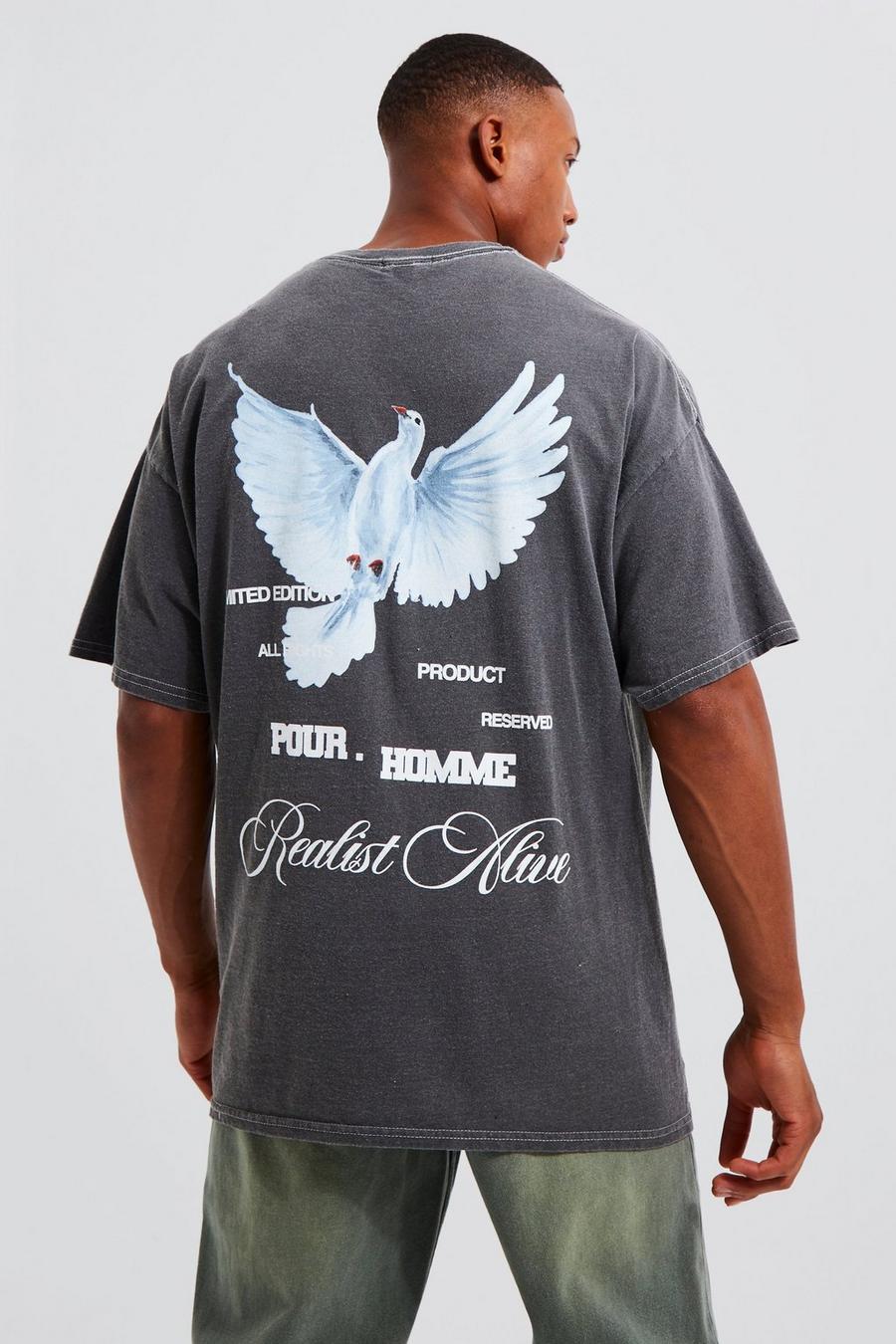Charcoal Oversized Acid Wash Superior Dove Print T-shirt image number 1