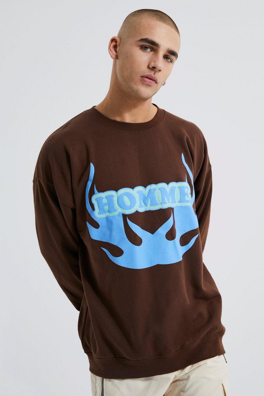 Chocolate Oversized Homme Flame Puff Print Sweatshirt image number 1