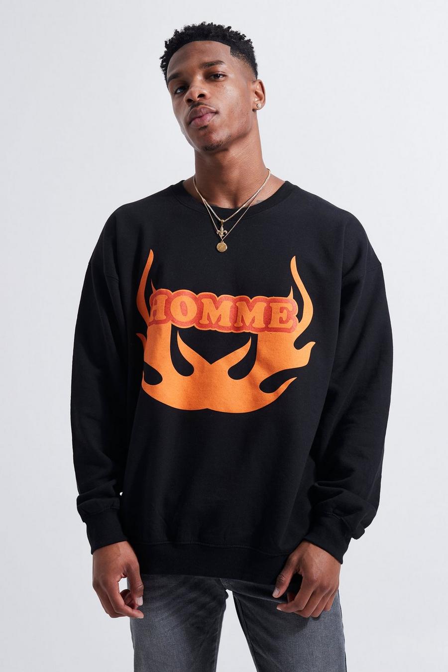 Oversize Sweatshirt mit Homme Flammen-Print, Black image number 1