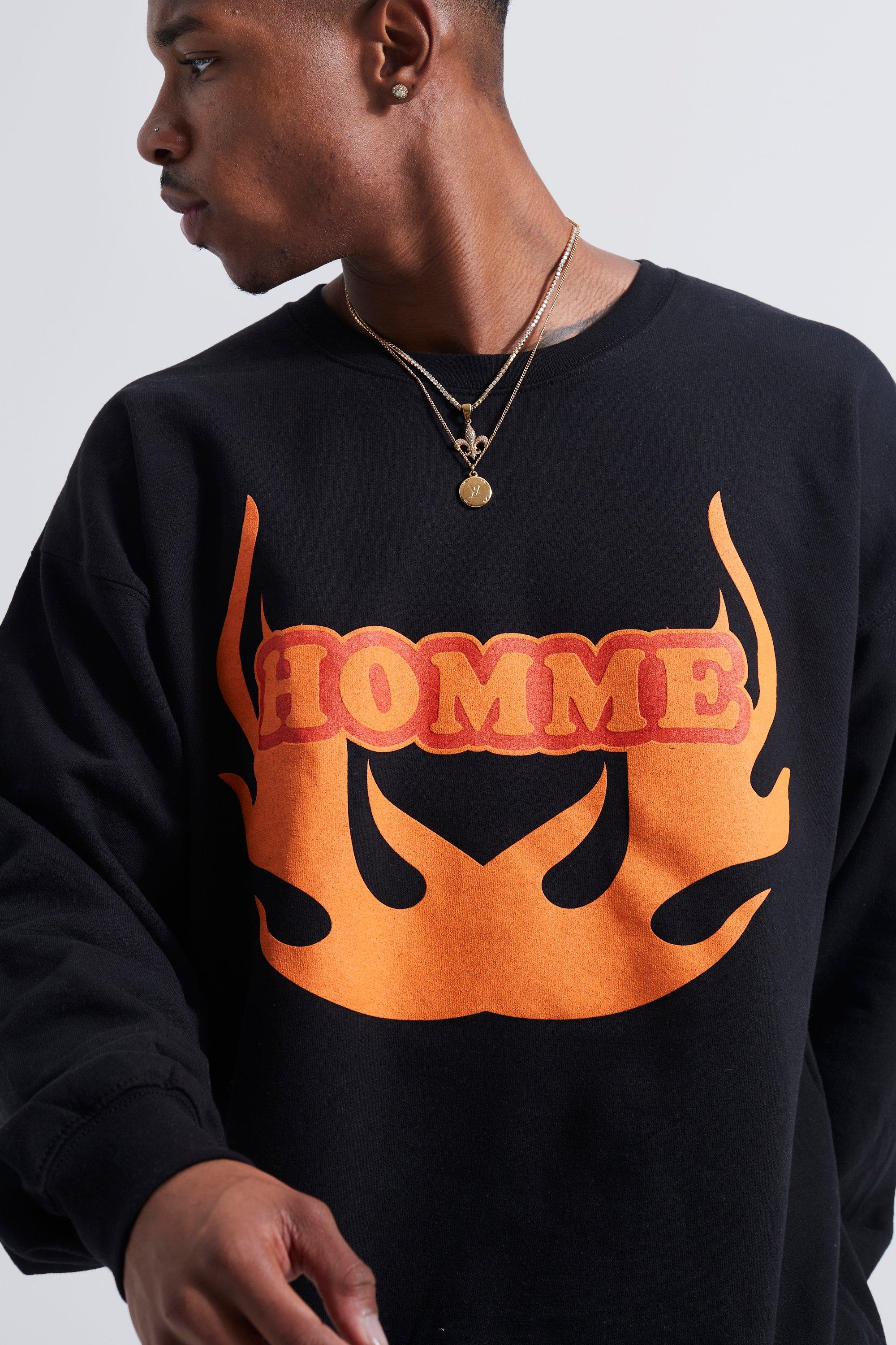 Oversized Homme Trui Met Vlammen Print boohoo