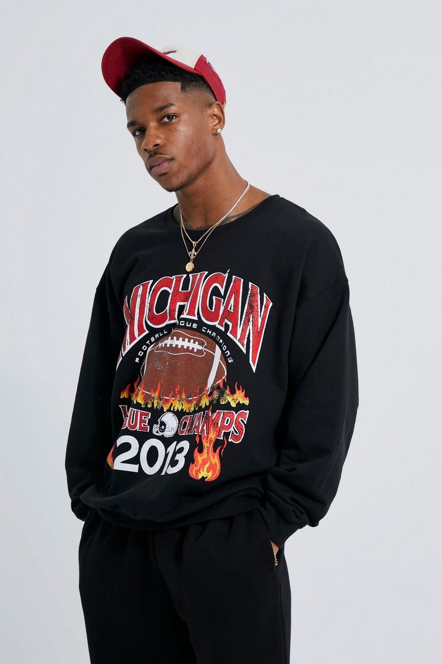 Black Oversized Michigan Flame Baseball Graphic Sweatshirt image number 1