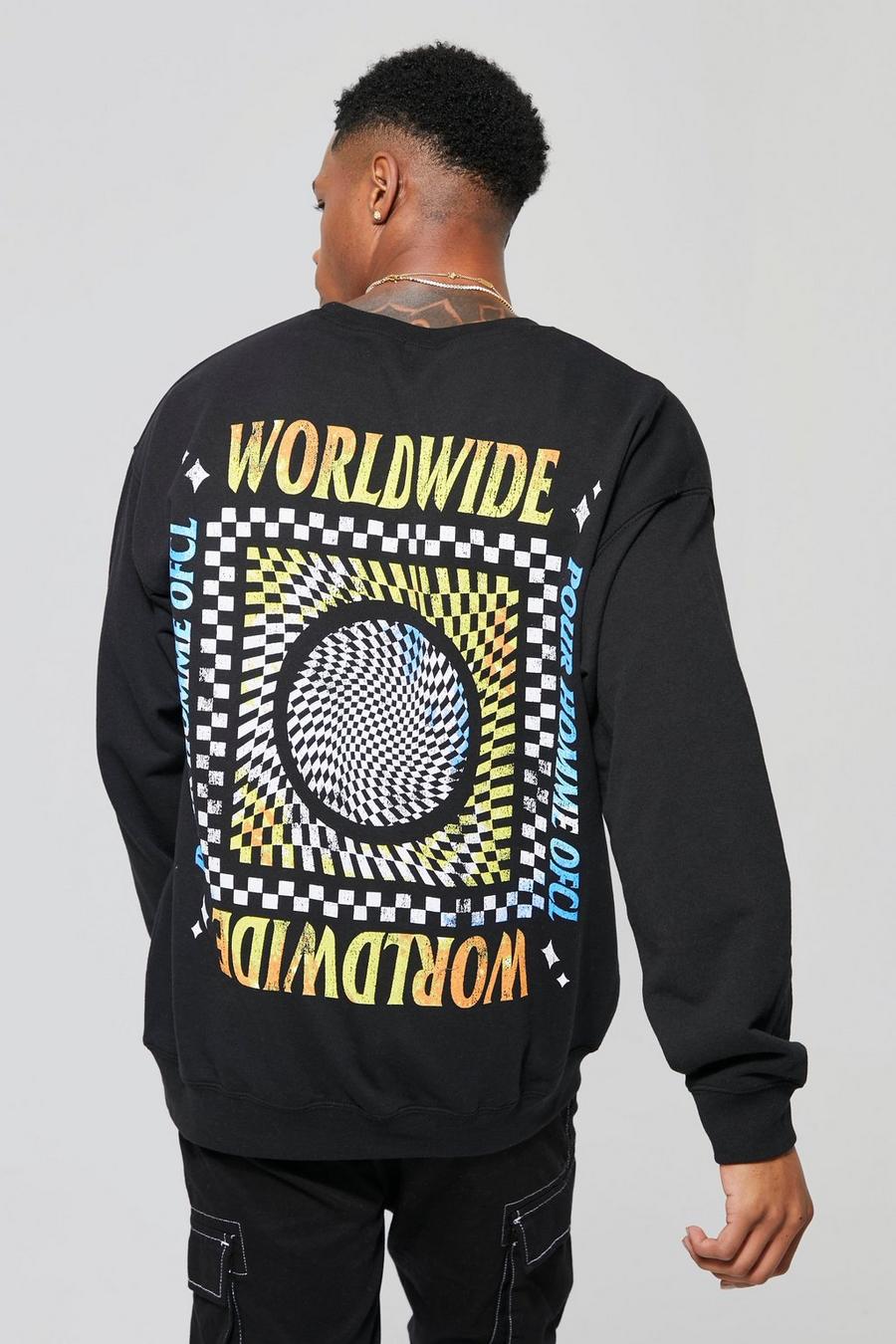 Black Oversized Checkered Worldwide Print Sweatshirt