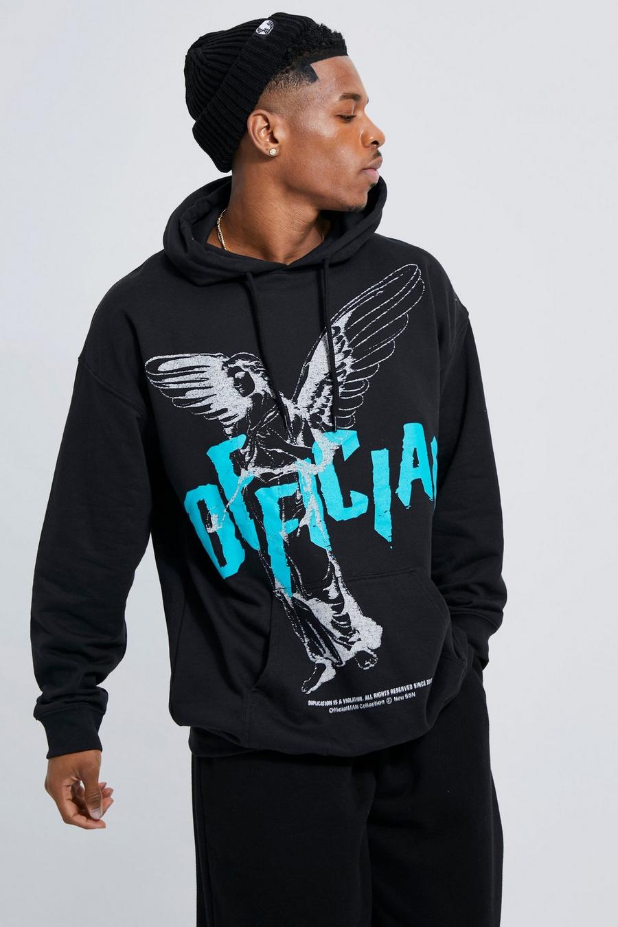Black Oversized Official Wing Statue Print Hoodie image number 1