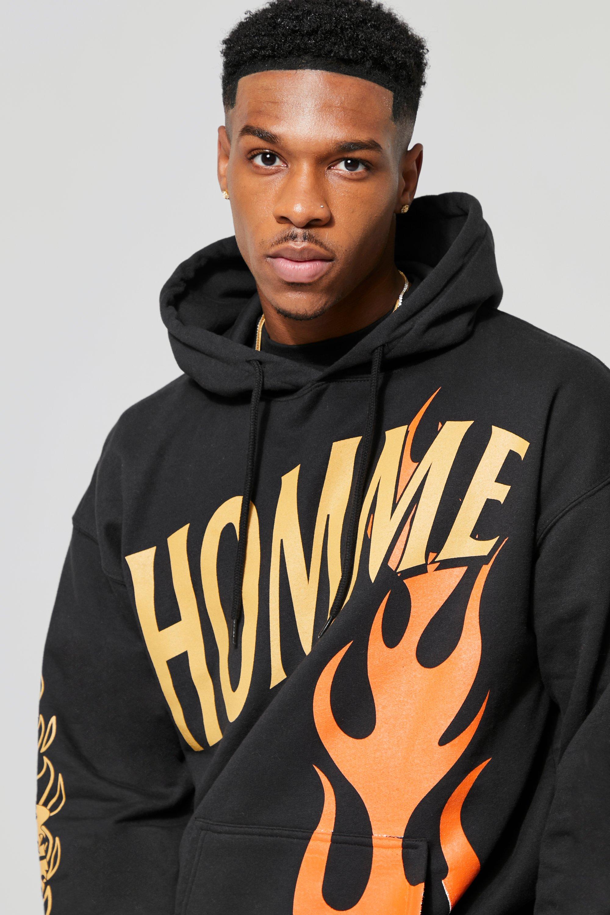 Oversized Homme Flame Print Hoodie