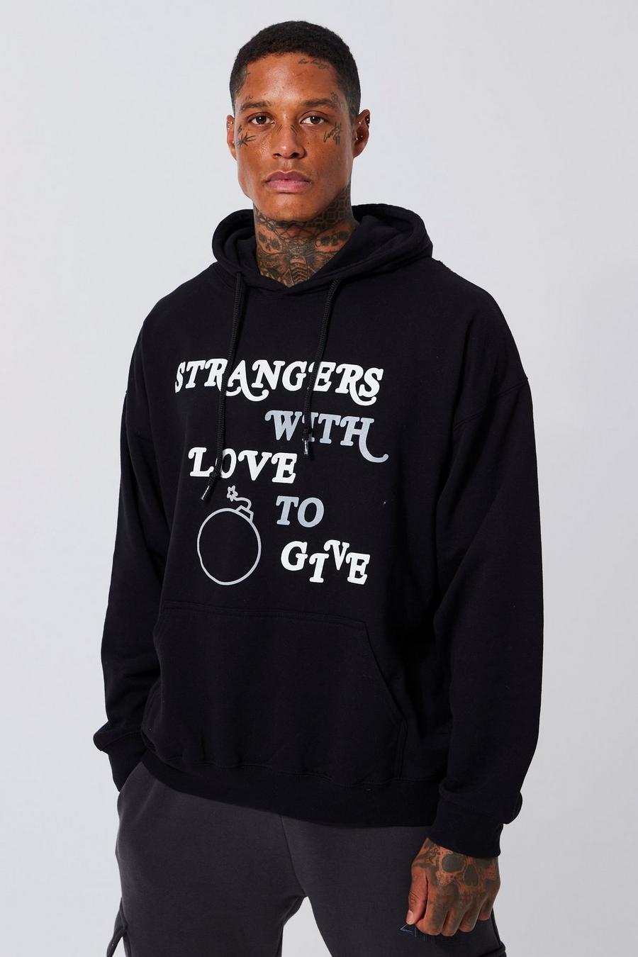 Black Oversized Strangers With Love Puff Print Hoodie