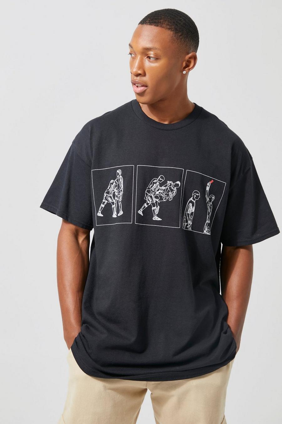 Black Oversized Football Icon Line Graphic T-shirt image number 1