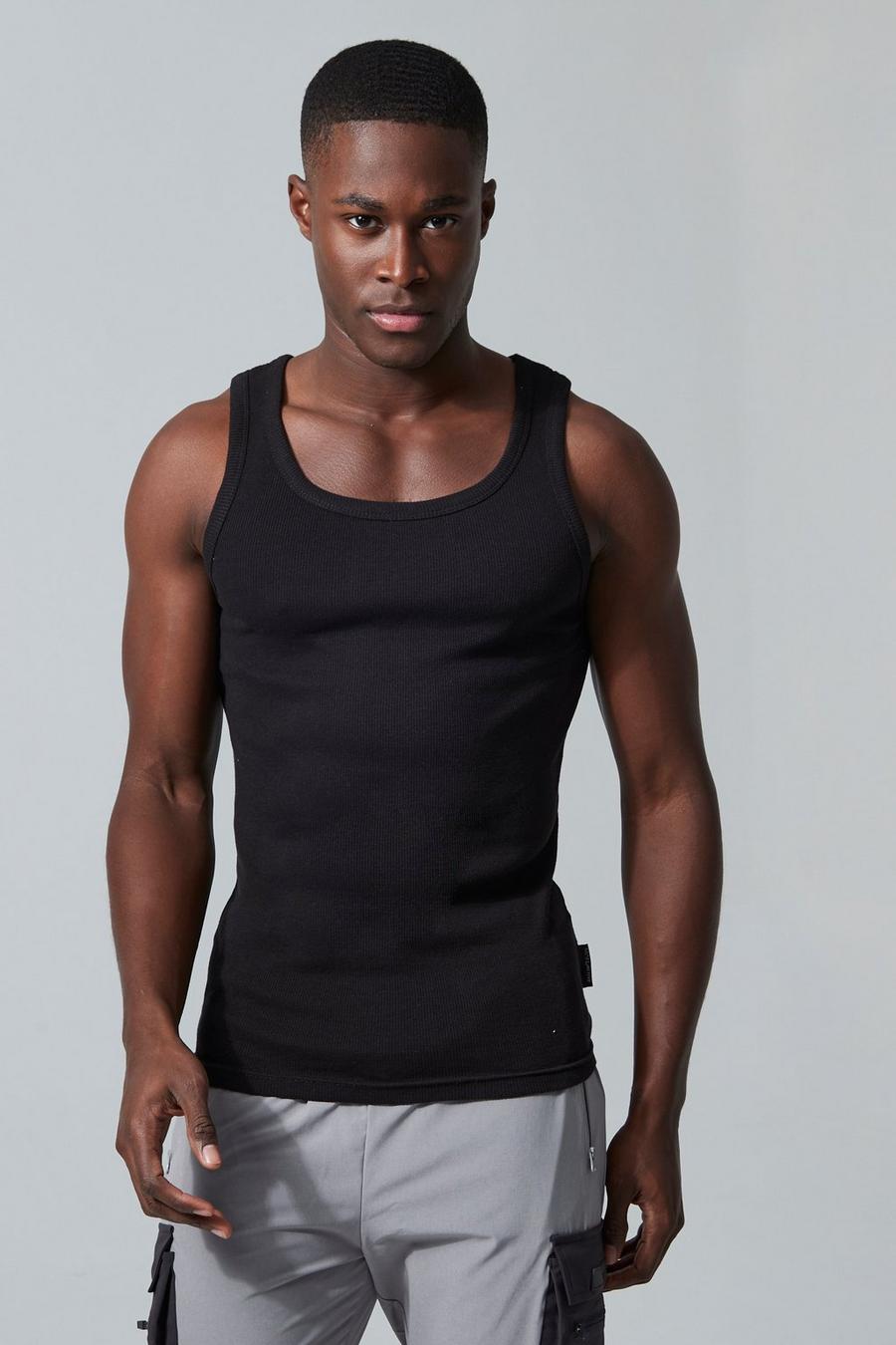 Black Man Active Gym Muscle Fit Ribbed Vest image number 1