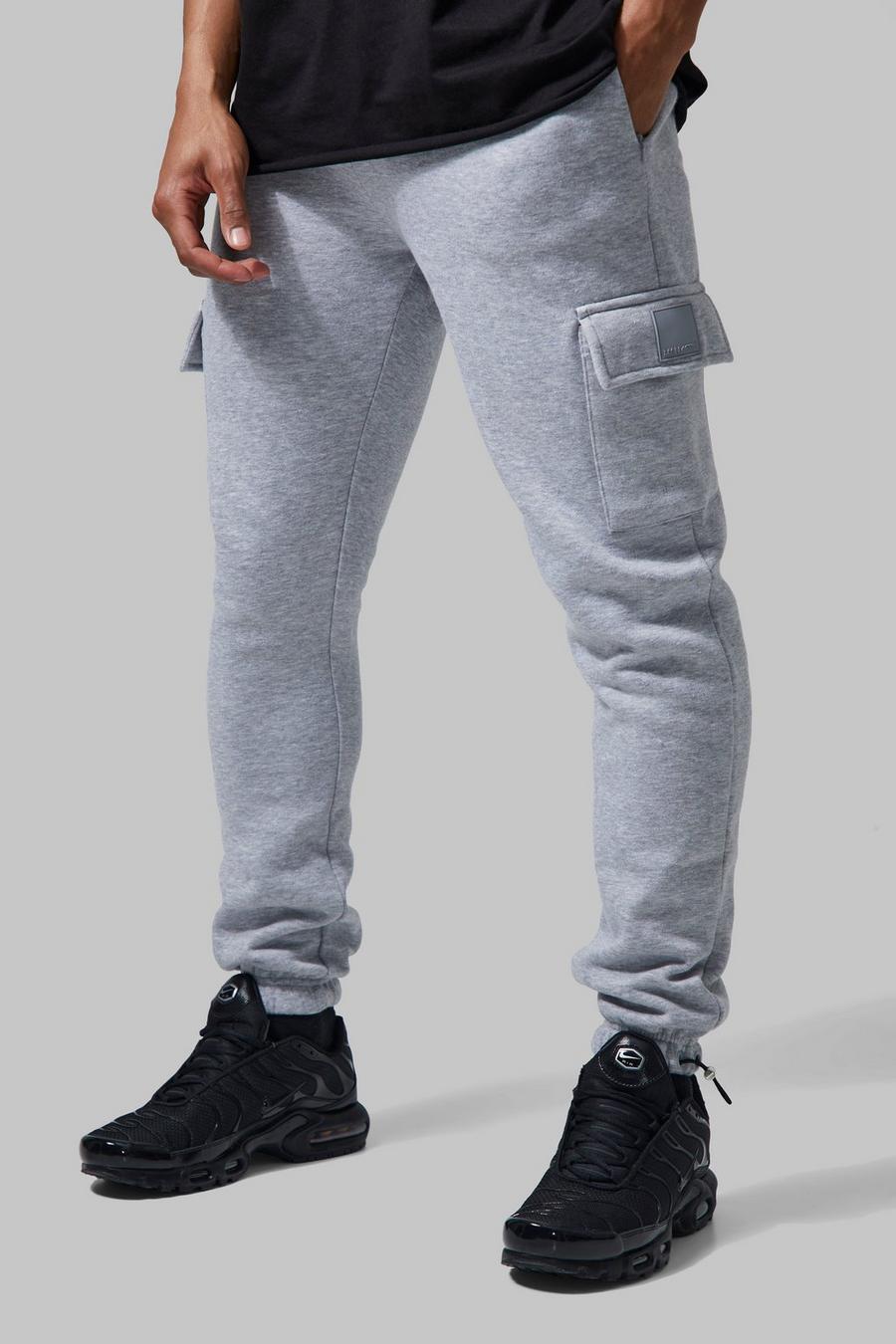 Pantaloni tuta Cargo Man Active Gym con polsini alle caviglie e fermacorde, Grey marl grigio