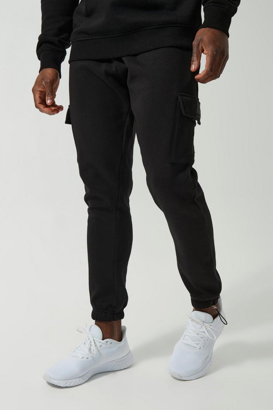 Pantaloni tuta Cargo Man Active Gym con polsini alle caviglie e fermacorde, Black negro