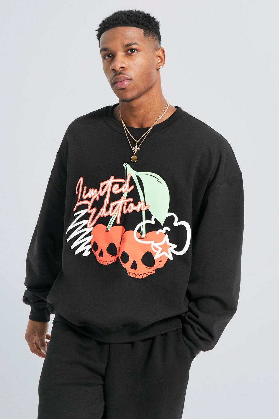 Black Oversized Cherry Skull Puff Print Sweatshirt image number 1