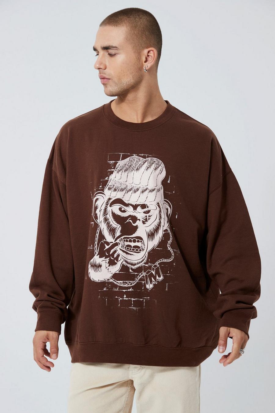 Chocolate brun Oversized Monkey Stencil Print Sweatshirt